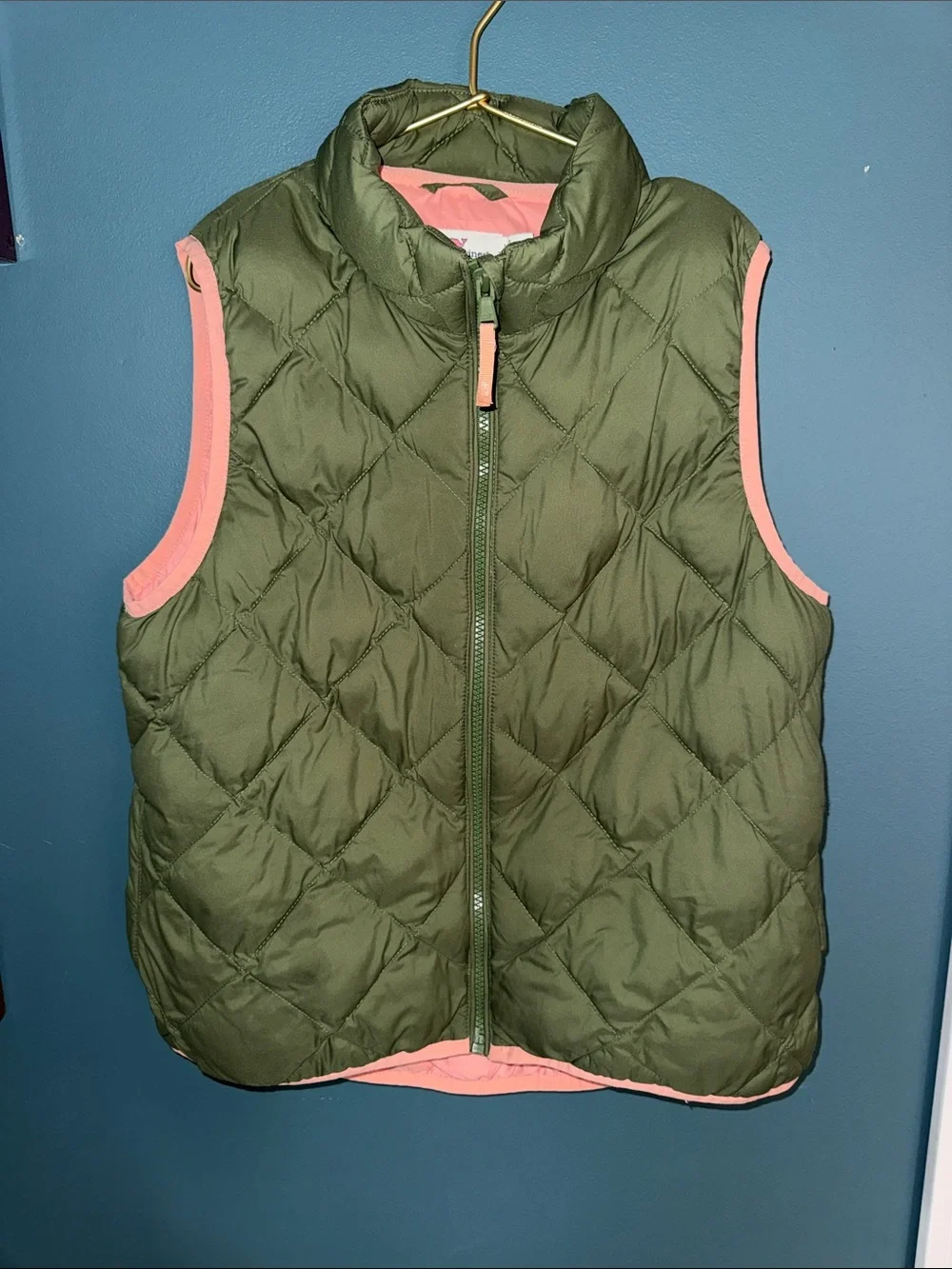Kids Vineyard Vines Olive Quilted Vest with Coral Trim